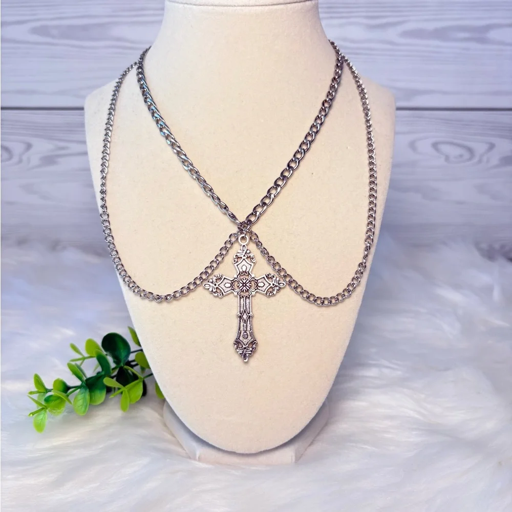 Elegant Silver Cross Double Chain Choker‎ Necklace